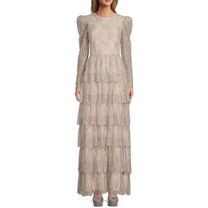 Antonio Melani Born on Fifth Silver Metallic Lace Long Sleeve Tiered Dress NEW